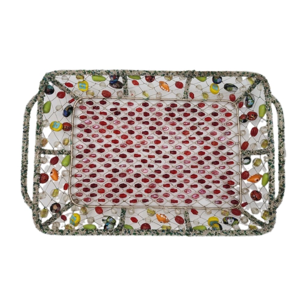 Beaded Wire Tray Basket Rectangle 14.5"x10"x2.5" Millefiori Glass Beads